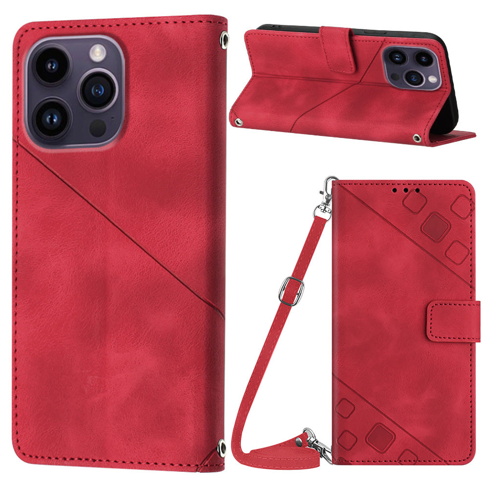 PT005 YB Imprinting Series-7 for iPhone 15 Pro Max Wallet Phone Case PU Leather Stand Cover with Shoulder Strap - Red PT005 YB Imprinting Series-7 for iPhone 15 Pro Max Wallet Phone Case PU Leather Stand Cover with Shoulder Strap - Red